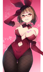 Rule 34 | 1girl, animal ears, bob cut, bow, bowtie, breast tattoo, breasts, brown eyes, brown hair, brown pantyhose, cleavage, clenched teeth, clothing cutout, detached collar, duke (inu daimyou), elbow gloves, fake animal ears, fishnet pantyhose, fishnets, glasses, gloves, gradient background, heart, heart tattoo, highres, large breasts, leotard, looking at viewer, navel, navel cutout, original, pantyhose, pink background, playboy bunny, rabbit ears, red-framed eyewear, red bow, red bowtie, red gloves, red leotard, semi-rimless eyewear, short hair, smile, solo, tattoo, teeth, under-rim eyewear