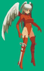 Rule 34 | 1girl, angel wings, boots, breasts, dh ead, final fantasy, final fantasy tactics, game sprite, gloves, head wings, leotard, long hair, lowres, medium breasts, pixel art, red eyes, red leotard, solo, sword, thigh boots, thighhighs, ultima (fft), weapon, white hair, wings