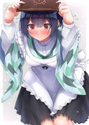 Rule 34 | 1girl, absurdres, apron, aqua dress, black hair, blush, breasts, checkered clothes, checkered kimono, commentary request, dress, frilled apron, frilled skirt, frills, highres, idolmaster, idolmaster shiny colors, japanese clothes, kimono, maid, maid apron, medium breasts, morino rinze, red eyes, skirt, tutinako