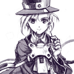 Rule 34 | 1boy, arc system works, bad id, bad pixiv id, blazblue, blazblue: calamity trigger, carl clover, child, glasses, gloves, hat, looking at viewer, male focus, monochrome, purple theme, short hair, sketch, solo, soojie roh
