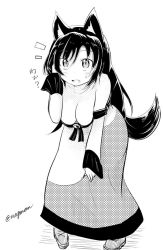 Rule 34 | 1girl, animal ears, blush, breasts, brooch, cleavage, downblouse, dress, fang, foreshortening, greyscale, imaizumi kagerou, jewelry, leaning forward, long hair, looking at viewer, monochrome, off shoulder, open mouth, solo, sweatdrop, tail, taurine 8000mg, touhou, translation request, twitter username, wolf ears, wolf tail