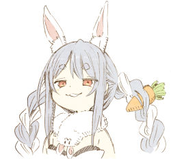 Rule 34 | 1girl, abara heiki, animal ear fluff, animal ears, blue hair, braid, breasts, carrot hair ornament, doyagao, dress, food-themed hair ornament, fur scarf, grin, hair ornament, hololive, long hair, looking at viewer, off-shoulder dress, off shoulder, portrait, rabbit ears, red eyes, simple background, small breasts, smile, smug, solo, thick eyebrows, twin braids, twintails, usada pekora, usada pekora (1st costume), virtual youtuber, white background, white hair