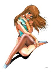 Rule 34 | 1980s (style), 1girl, armlet, blue eyes, bodysuit, bracer, brown hair, brown thighhighs, crossed legs, dangaiou, fingernails, full body, head tilt, highleg, highleg leotard, highres, hirano toshihiro, legs, leotard, long fingernails, long hair, mia alice, nail, oldschool, pantyhose, retro artstyle, scan, shiny clothes, shoes, simple background, sitting, smile, solo, thighhighs, turtleneck, vambraces