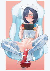 Rule 34 | 1boy, ahegao pattern, anal, anal object insertion, ass, black eyes, black hair, blush, border, bottomless, chair, cum, dildo, erection, gaming chair, hair ornament, hairclip, handheld game console, highres, holding, holding handheld game console, large penis, male focus, male penetrated, meme attire, mubo, nintendo switch, object insertion, original, penis, pink background, red dildo, sex toy, shirt, sleeveless, small penis, swivel chair, thighhighs, trap, white border, white headwear, white shirt, white thighhighs, yellow nails