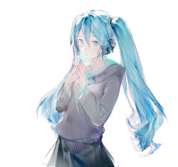Rule 34 | 1girl, aqua eyes, aqua hair, black skirt, commentary, fingers together, grey hoodie, hatsune miku, headphones, highres, hood, hoodie, long hair, looking at viewer, miniskirt, open mouth, skirt, solo, steepled fingers, symbol-only commentary, twintails, upper body, vocaloid, white background, yyb