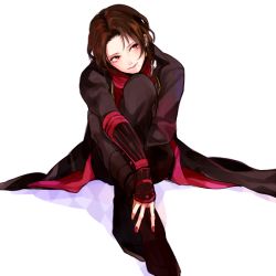 Rule 34 | 10s, 1boy, androgynous, blush, boots, brown hair, coat, earrings, kashuu kiyomitsu, long hair, male focus, mole, mole under mouth, nail polish, personification, poco24, red eyes, red nails, scarf, simple background, sitting, smile, solo, touken ranbu, white background