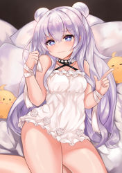 Rule 34 | + +, 1girl, animal, azur lane, bandaged arm, bandages, bare shoulders, bed sheet, bird, black choker, blue eyes, blush, breasts, chick, choker, closed mouth, collarbone, commentary request, criss-cross halter, double bun, dress, feet out of frame, flower, hair between eyes, hair bun, halterneck, hands up, highres, index finger raised, le malin (azur lane), le malin (sleepy sunday) (azur lane), long hair, looking at viewer, manjuu (azur lane), pillow, rose, ryara, silver hair, small breasts, smile, solo, very long hair, white dress, white flower, white rose