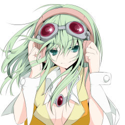 Rule 34 | 1girl, alternate hair length, alternate hairstyle, goggles, goggles on head, green eyes, green hair, gumi, headphones, highres, matching hair/eyes, portrait, short hair, simple background, smile, solo, sukage, vocaloid, wrist cuffs