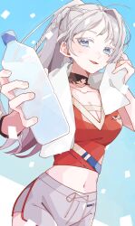 Rule 34 | 1girl, blue eyes, blush, bottle, breasts, cleavage, collarbone, dikke (reverse:1999), dikke (the pointy end up) (reverse:1999), dolphin shorts, highres, holding, holding bottle, looking at viewer, medium breasts, midriff, navel, o mgr6, reverse:1999, shorts, solo, sweat, towel, towel around neck, white hair, wiping sweat