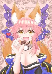 Rule 34 | 1girl, :3, :d, animal ear fluff, animal ears, blue bow, blue kimono, bow, breasts, candy, chocolate, chocolate heart, cleavage, collar, commentary request, dated, detached collar, detached sleeves, eyelashes, fate/extra, fate/grand order, fate (series), fingernails, food, fox ears, fox girl, fox tail, hair between eyes, hair bow, heart, highres, holding, holding food, incoming food, japanese clothes, kimono, large breasts, light blush, long hair, long sleeves, looking at viewer, open mouth, pink hair, sidelocks, signature, smile, solo, split ponytail, tail, tamamo (fate), tamamo no mae (fate/extra), tongue, translation request, twitter username, upper body, valentine, white collar, wide sleeves, winsankemonodou, yellow eyes