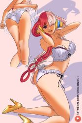 Rule 34 | 1girl, artist name, ass, bare legs, bra, breasts, butt crack, cleavage, dress, hair over one eye, hair rings, headphones, highres, kneeling, lady shin, lips, long hair, looking at viewer, multicolored hair, multiple views, one piece, one piece film: red, panties, red hair, ribbon, shadow, short dress, smile, solo, two-tone hair, underwear, uta (one piece), very long hair, white bra, white hair, white panties
