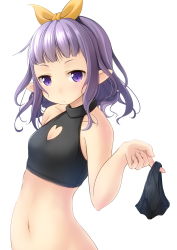 Rule 34 | 1girl, bare arms, bare shoulders, bikini, unworn bikini bottom, black bikini, blush, breasts, closed mouth, clothing cutout, collarbone, commentary request, forehead, hair ribbon, heart cutout, highres, long hair, looking at viewer, navel, orange ribbon, original, pointy ears, purple eyes, purple hair, ribbon, shibacha, simple background, small breasts, solo, stomach, swimsuit, upper body, white background