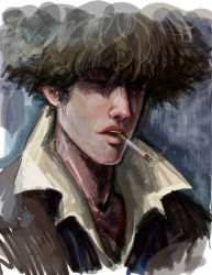 Rule 34 | 1990s (style), 1boy, black hair, cigarette, coat, cowboy bebop, e.k weaver, closed eyes, hair over eyes, lips, lowres, male focus, non-web source, nose, retro artstyle, sketch, smoking, solo, spike spiegel, traditional media