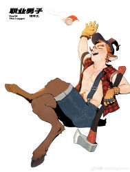 Rule 34 | 1boy, absurdres, animal ears, antlers, axe, bara, bare pectorals, crossed legs, deer antlers, deer boy, deer ears, denim, dragonpie, from side, full body, highres, holding, holding axe, horns, jeans, laughing, long sideburns, male focus, navel, navel hair, open clothes, open shirt, orange hair, original, overalls, pants, pectorals, red shirt, satyr, shirt, short hair, sideburns, solo, stomach, sweat, thick eyebrows, toned, toned male, very sweaty, woodcutter