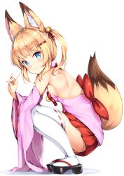 Rule 34 | 1girl, :3, animal ear fluff, animal ears, bell, black footwear, blonde hair, blue eyes, blush, bow, breasts, closed mouth, commentary request, detached sleeves, fingernails, fox ears, fox girl, fox shadow puppet, fox tail, full body, geta, hair bell, hair ornament, hair ribbon, jingle bell, kemomimi oukoku kokuei housou, long hair, long sleeves, looking at viewer, looking to the side, medium breasts, mikoko (kemomimi oukoku kokuei housou), pleated skirt, red bow, red ribbon, red skirt, ribbon, ribbon-trimmed legwear, ribbon trim, sandals, shiero., sideboob, skirt, solo, squatting, tabi, tail, thighhighs, twintails, virtual youtuber, white background, white thighhighs, wide sleeves, zouri