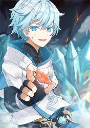 Rule 34 | 1boy, blood, blood on face, blue eyes, blue hair, chinese clothes, chongyun (genshin impact), commentary request, genshin impact, giving, hair between eyes, highres, holding, light blue hair, looking at viewer, male focus, scar, scar on face, short hair, smile, solo, woda