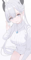 Rule 34 | 1girl, blue eyes, hand up, highres, horns, jewelry, legs together, long hair, long sleeves, looking at viewer, necklace, nekojira, original, parted lips, shirt, simple background, sitting, smile, solo, thea (nekojira), thighs, turtleneck, white background, white hair, white shirt