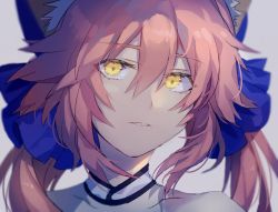 Rule 34 | 1girl, animal ear fluff, animal ears, bare shoulders, blue bow, blurry, blurry background, bow, collarbone, deep (deep4946), detached collar, eyelashes, fate/extra, fate (series), fox ears, fox girl, hair between eyes, hair bow, highres, looking away, pink hair, portrait, sidelocks, sketch, solo, split ponytail, tamamo (fate), tamamo no mae (fate/extra), yellow eyes