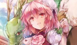 Rule 34 | 1girl, animal, bird, blue sky, chain, closed eyes, closed mouth, cloud, cloudy sky, dragon, eagle, flower, hair between eyes, hair ribbon, hand up, highres, ibaraki kasen, kutsuki kai, looking at viewer, looking to the side, open mouth, pink flower, pink hair, pink ribbon, pink vest, puffy short sleeves, puffy sleeves, red eyes, ribbon, shirt, short hair, short sleeves, sky, smile, touhou, vest, white headwear, white shirt, white sleeves, wristband