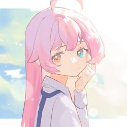 Rule 34 | 1girl, absurdres, ahoge, blue archive, blue eyes, closed mouth, clynxen, hair between eyes, highres, hoshino (blue archive), long hair, long sleeves, looking at viewer, pink hair, shirt, smile, solo, upper body, white shirt, yellow eyes