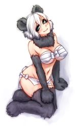 Rule 34 | 1girl, animal ears, animal hands, bare shoulders, black eyes, blush, breasts, claws, cleavage, fur, hand on own knee, head tilt, large breasts, loincloth, looking at viewer, monorus, monster girl, monster girl encyclopedia, navel, panda ears, panda girl, ren xiongmao, sarashi, short hair, simple background, sitting, smile, solo, source request, tail, underwear, underwear only, white background, white hair, yokozuwari