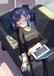 1girl, absurdres, black-framed eyewear, black shirt, blue bow, blue hair, blue pants, bow, clothes writing, commentary, computer, copyright name, couch, cowboy shot, denim, drooling, english commentary, eyebrows visible through hair, eyelashes, flat chest, glasses, hair bow, highres, hololive, indoors, jeans, laptop, logo, lying, misono denpachi, mixed-language commentary, on back, pants, parted lips, pillow, ponytail, saliva, semi-rimless eyewear, shirt, short hair, sleeping, solo, sunlight, t-shirt, virtual youtuber, yuujin a (hololive)