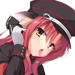 Rule 34 | 1girl, animal ear fluff, animal ears, aria (koiiroharemoyou), black hat, blush, close-up, commentary request, commission, dracu-riot!, eyes visible through hair, gloves, hair between eyes, hand up, hat, kemonomimi mode, long hair, long sleeves, looking at viewer, military hat, red hair, sidelocks, simple background, skeb commission, solo, tongue, tongue out, tsurime, white background, white gloves, yarai miu, yellow eyes