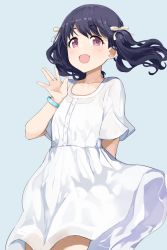 Rule 34 | 1girl, black hair, blue background, bracelet, collarbone, commentary request, dress, fangs, floating hair, fukumaru koito, hair ribbon, highres, hiroki (yyqw7151), idolmaster, idolmaster shiny colors, jewelry, long hair, looking at viewer, open mouth, purple eyes, ribbon, short sleeves, skin fangs, solo, twintails, waving, white dress, white ribbon, wind, wind lift