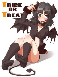 Rule 34 | 1girl, alternate costume, amagami, animal collar, arm support, belt collar, black hair, black socks, blush, choker, collar, collarbone, crop top, curled horns, demon horns, demon wings, english text, feet, fur trim, grey eyes, guriko (mossari), horns, jacket, knees up, leaning to the side, legs, long hair, looking away, messy hair, open clothes, open jacket, open mouth, simple background, socks, solo, sweatdrop, tanamachi kaoru, thighs, trick or treat, white background, wings