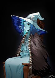 Rule 34 | 1girl, absurdres, blue eyes, blue hair, blue skin, cloak, closed mouth, colored skin, cracked skin, doll joints, dress, elden ring, extra arms, extra faces, fur cloak, hat, highres, iroi152, joints, long hair, looking at viewer, one eye closed, ranni the witch, simple background, smile, solo, white dress, white hat, witch, witch hat