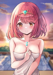 Rule 34 | 1girl, absurdres, breasts, chest jewel, cleavage, earrings, headpiece, highres, jewelry, kaede (maple4rt), large breasts, naked towel, onsen, pyra (xenoblade), red eyes, red hair, short hair, swept bangs, tiara, towel, xenoblade chronicles (series), xenoblade chronicles 2