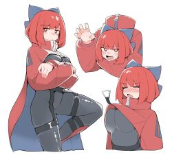 Rule 34 | 1girl, black bodysuit, blue bow, blush, bodysuit, bow, breasts, cape, claw pose, cloak, clothes lift, crossed arms, disembodied head, hair bow, high collar, highres, holding head, large breasts, long sleeves, looking at viewer, multiple views, red cloak, red eyes, red hair, rock &#039;n&#039; rock &#039;n&#039; beat, sekibanki, thigh strap, touhou, white background, yashiki sen