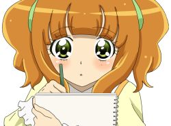 Rule 34 | 1girl, :o, blush, drawing, eyelashes, idolmaster, idolmaster (classic), name connection, parody, pencil, precure, sketchbook, smile precure!, solo, style parody, takatsuki yayoi, transparent background, twintails