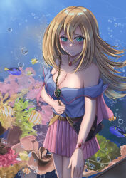 1girl absurdres aquarium bag bare_shoulders blonde_hair blue_shirt blush breasts casual cleavage closed_mouth collarbone dark_magician_girl duel_monster fish green_eyes highres jewelry large_breasts long_hair looking_at_viewer misakura_aoi necklace off_shoulder pink_skirt shirt shoulder_bag skirt solo water yu-gi-oh!