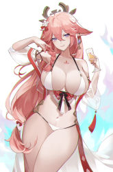 Rule 34 | 1girl, absurdres, alternate costume, animal ears, arm up, bikini, braid, breasts, bright pupils, chromatic aberration, cleavage, cowboy shot, cup, drink, earrings, eminya 27, floppy ears, floral print, flower, fox ears, front-tie top, genshin impact, glass, hair between eyes, hair flower, hair ornament, halterneck, halterneck, hand up, highres, holding, holding cup, holding drink, jewelry, large breasts, long hair, looking at viewer, low ponytail, nail polish, navel, off shoulder, open clothes, open shirt, parted lips, pink hair, pink nails, purple eyes, see-through, shirt, single braid, smile, solo, stomach, strap gap, string bikini, swimsuit, tassel, tattoo, thighs, very long hair, white background, white bikini, white flower, white pupils, white shirt, yae miko