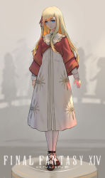 Rule 34 | 1girl, absurdres, black footwear, blonde hair, blue eyes, commentary, copyright name, dress, final fantasy, final fantasy xiv, full body, grey background, hair ribbon, highres, hyur, long hair, looking at viewer, parted lips, red dress, red ribbon, ribbon, ryne waters, solo, standing, two-tone dress, white dress, yadoshin