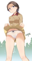 Rule 34 | 1girl, artist name, black hair, blue eyes, blush, brown jacket, cameltoe, chi-hatan military uniform, closed mouth, clothes lift, commentary request, crotch seam, disgust, frown, girls und panzer, glaring, hair tie, hamada kiyo, highres, iya na kao sare nagara opantsu misete moraitai, jacket, lifting own clothes, long hair, long sleeves, looking at viewer, military, military uniform, miniskirt, osamada meika, panties, parody, partial commentary, pleated skirt, ponytail, signature, skirt, skirt lift, solo, standing, underwear, uniform, white panties, yellow skirt