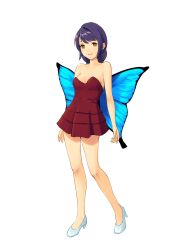 Rule 34 | 1girl, bare shoulders, breasts, butterfly wings, cleavage, commentary, commentary request, contrapposto, dress, english commentary, full body, high heels, highres, insect wings, mixed-language commentary, orange eyes, original, purple hair, red dress, shin (shincrz), short dress, sleeveless, sleeveless dress, small breasts, solo, wings