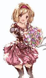 Rule 34 | 1girl, :d, armor, black thighhighs, blonde hair, bouquet, brown eyes, collarbone, djeeta (granblue fantasy), flower, granblue fantasy, hairband, highres, holding, holding bouquet, looking at viewer, miniskirt, moko (alice), open mouth, pauldrons, pink flower, pink skirt, pleated skirt, purple flower, red hairband, short hair, shoulder armor, simple background, sketch, skirt, smile, solo, thighhighs, white background, white flower, zettai ryouiki