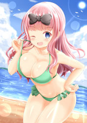 Rule 34 | 1girl, ;d, bare arms, bare shoulders, beach, bikini, bird, black bow, blue eyes, blue sky, blush, bow, breasts, cleavage, cloud, cloudy sky, collarbone, commentary request, day, fujiwara chika, green bikini, hair bow, hand on own hip, highres, kaguya-sama wa kokurasetai ~tensai-tachi no renai zunousen~, large breasts, lifted by self, long hair, looking at viewer, ocean, one eye closed, open mouth, outdoors, pink hair, sand, sky, smile, solo, strap lift, sun, sunlight, swimsuit, very long hair, water, xenon (for achieve)