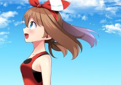 Rule 34 | 1girl, :d, alternate color, bad id, bad pixiv id, blue eyes, blue sky, blush, brown hair, cloud, collarbone, creatures (company), day, floating hair, from side, game freak, hair between eyes, hairband, hat, hat ribbon, highres, long hair, looking up, may (pokemon), may (pokemon oras), nintendo, open mouth, outdoors, pokemon, pokemon oras, red hairband, ribbon, shiny skin, shirt, sky, sleeveless, sleeveless shirt, smile, solo, upper body, yuihico