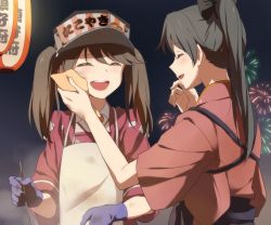Rule 34 | 10s, 2girls, apron, bad id, bad pixiv id, black hair, blush, brown hair, cooking, dirty, closed eyes, festival, fireworks, food stand, gloves, houshou (kancolle), japanese clothes, kantai collection, kisetsu, long hair, multiple girls, open mouth, ponytail, ryuujou (kancolle), smile, tasuki, wiping face