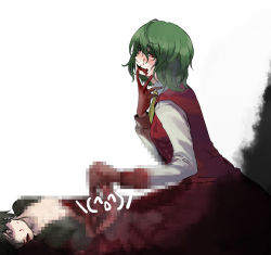 Rule 34 | 1boy, 1girl, blood, blood on face, blood on hands, blood on mouth, blush, cannibalism, censored, corpse, death, disembowelment, eating, empty eyes, fake censor, female focus, green hair, guro, happy, intestines, kazami yuuka, looking at viewer, murai shinobu, red eyes, solo, tears, tongue, tongue out, touhou, white background