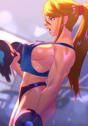 Rule 34 | blonde hair, blue eyes, breasts, covered erect nipples, dumbbell, exercising, gym, highres, metroid, mole, mole under mouth, nintendo, open mouth, playzholder, ponytail, samus aran, sideboob, sweat, tank top, toned