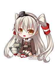 Rule 34 | 10s, 1girl, :3, amatsukaze (kancolle), artist name, brown eyes, chibi, dress, grandia bing, hair ornament, hair tubes, hairband, kantai collection, long hair, open mouth, rensouhou-kun, sailor dress, school uniform, serafuku, short dress, silver hair, simple background, sitting, smile, solo, striped clothes, striped thighhighs, thighhighs, twintails, two side up, watermark, white background, zettai ryouiki