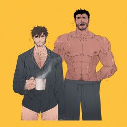 Rule 34 | 2boys, abs, absurdres, bandaid, bara, beard, biceps, black hair, brown hair, closed eyes, coffee, coffee mug, cup, dobek k, facial hair, feet out of frame, hairy, highres, large pectorals, male focus, manly, mature male, mug, multiple boys, muscular, muscular male, navel hair, nipples, no pants, open mouth, orange background, original, pants, pectoral cleavage, pectorals, scar, shirt, short hair, simple background, sleepy, spiked hair, squeans, teeth, thick arms, thick eyebrows, tongue, topless male, veins, yawning