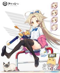 Rule 34 | &gt; &lt;, 1girl, azur lane, bag, black thighhighs, brown eyes, brown hair, cat, cavalla (azur lane), cavalla (convenience store raid!) (azur lane), cellphone, character doll, commentary request, copyright name, corn dog, expressions, full body, long hair, looking at viewer, manjuu (azur lane), official alternate costume, phone, ponytail, ribbon, saratoga (azur lane), school uniform, sitting, smile, solo, thighhighs, torpedo