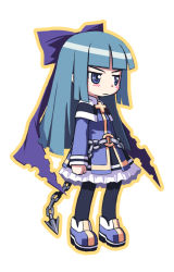 Rule 34 | 1girl, bail, blue eyes, blue hair, bow, chain, clenched hand, full body, hair bow, hair ornament, hair ribbon, long hair, matching hair/eyes, original, ribbon, shoes, simple background, solo, standing, white background