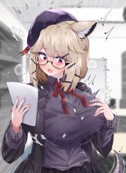 Rule 34 | 1girl, absurdres, animal ear fluff, animal ears, arknights, black jacket, black shirt, black skirt, blush, breasts, commission, glasses, hair ornament, hand on own chest, hat, highres, holding, holding paper, huge breasts, jacket, kurarome, long sleeves, medium hair, neck ribbon, official alternate costume, open clothes, open jacket, paper, pleated skirt, purple eyes, ribbon, shirt, skeb commission, skirt, solo, tail, textless version, utage (arknights), utage (disguise) (arknights)