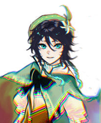 Rule 34 | 1boy, androgynous, beret, black hair, blue hair, bow, braid, cape, chromatic aberration, collared cape, corset, flower, genshin impact, gradient hair, green eyes, green hat, hair flower, hair ornament, hat, highres, kasaya, leaf, long sleeves, looking at viewer, male focus, multicolored hair, open mouth, shirt, short hair with long locks, simple background, smile, solo, twin braids, venti (genshin impact), white background, white flower, white shirt